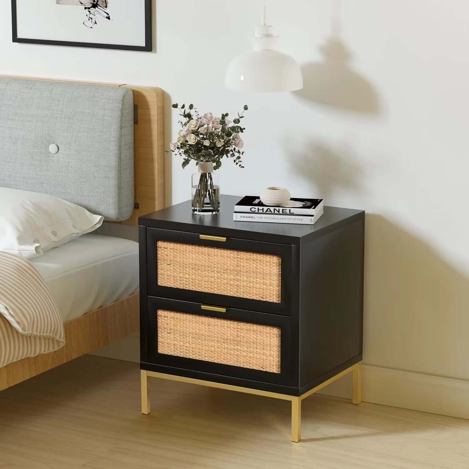 Rattan Nightstand,21.5" H Farmhouse Bedside Table with 2 Spacious Drawers Sofa Side Table 2 Drawer Nightstand for Bedroo