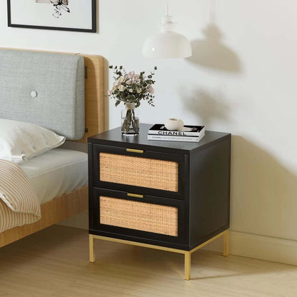 Rattan Nightstand,21.5" H Farmhouse Bedside Table with 2 Spacious Drawers Sofa Side Table 2 Drawer Nightstand for Bedroo