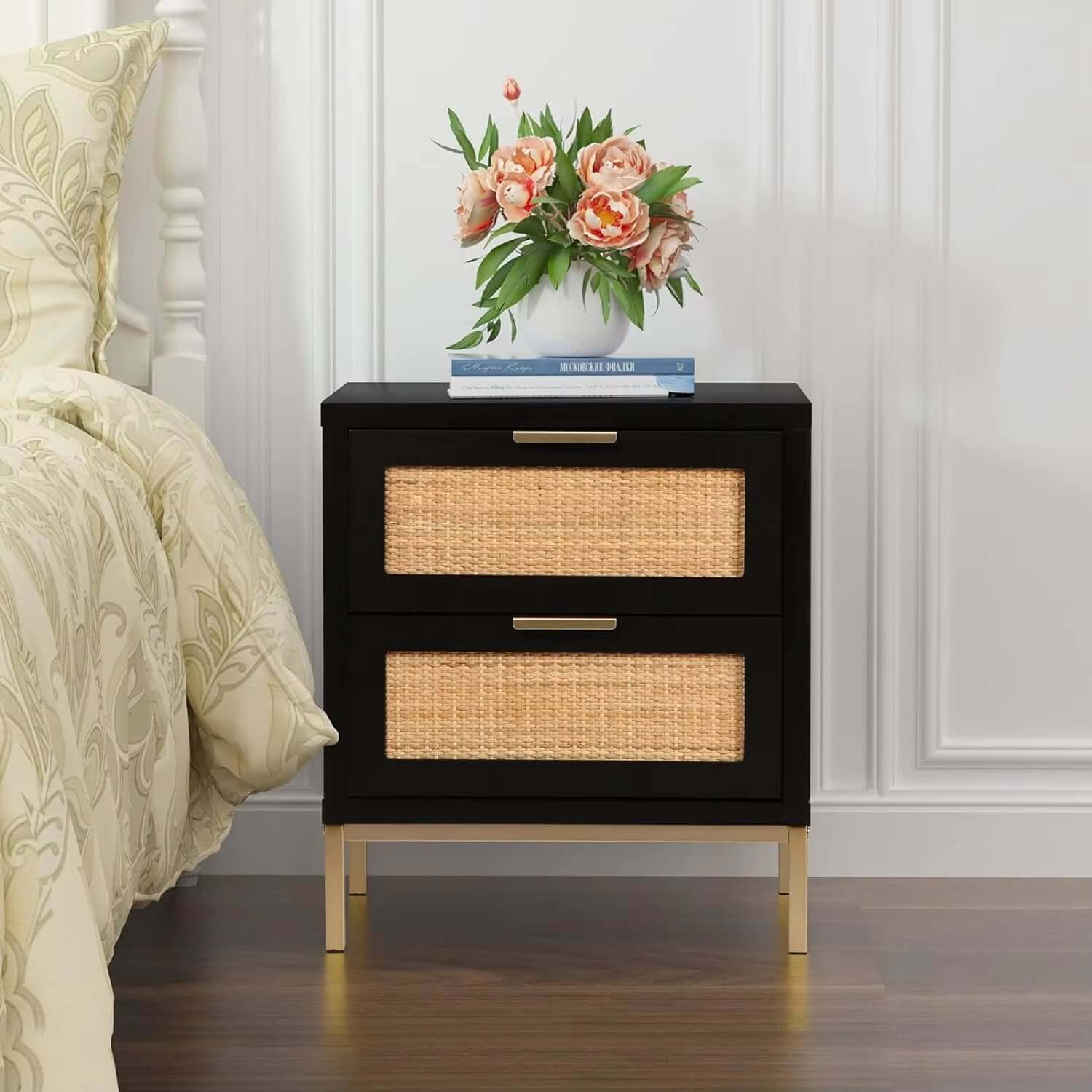 Rattan Nightstand,21.5" H Farmhouse Bedside Table with 2 Spacious Drawers Sofa Side Table 2 Drawer Nightstand for Bedroo