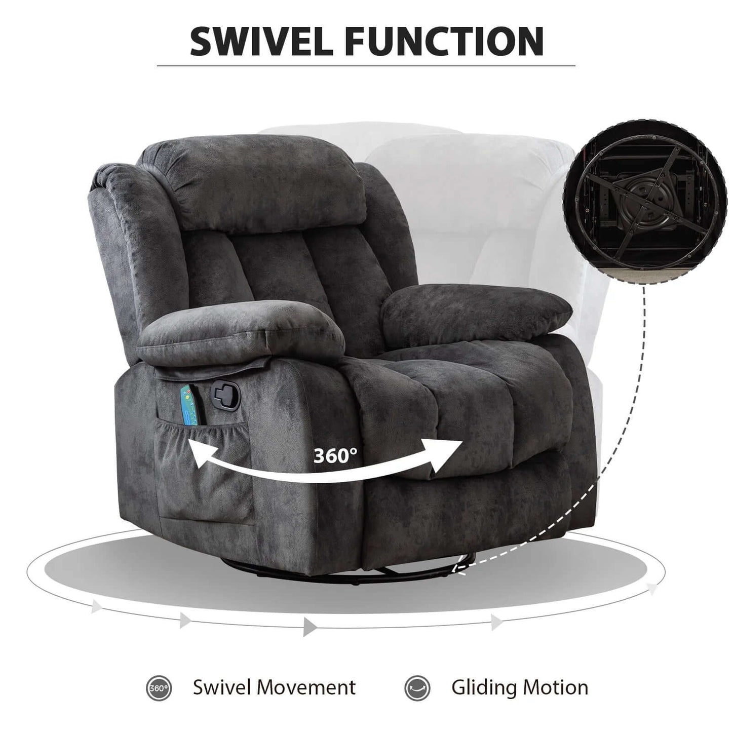 Pull Rocker Recliner with Massage and Heat, Reclining Chairs for Adult,Antiskid Fabric，Grey