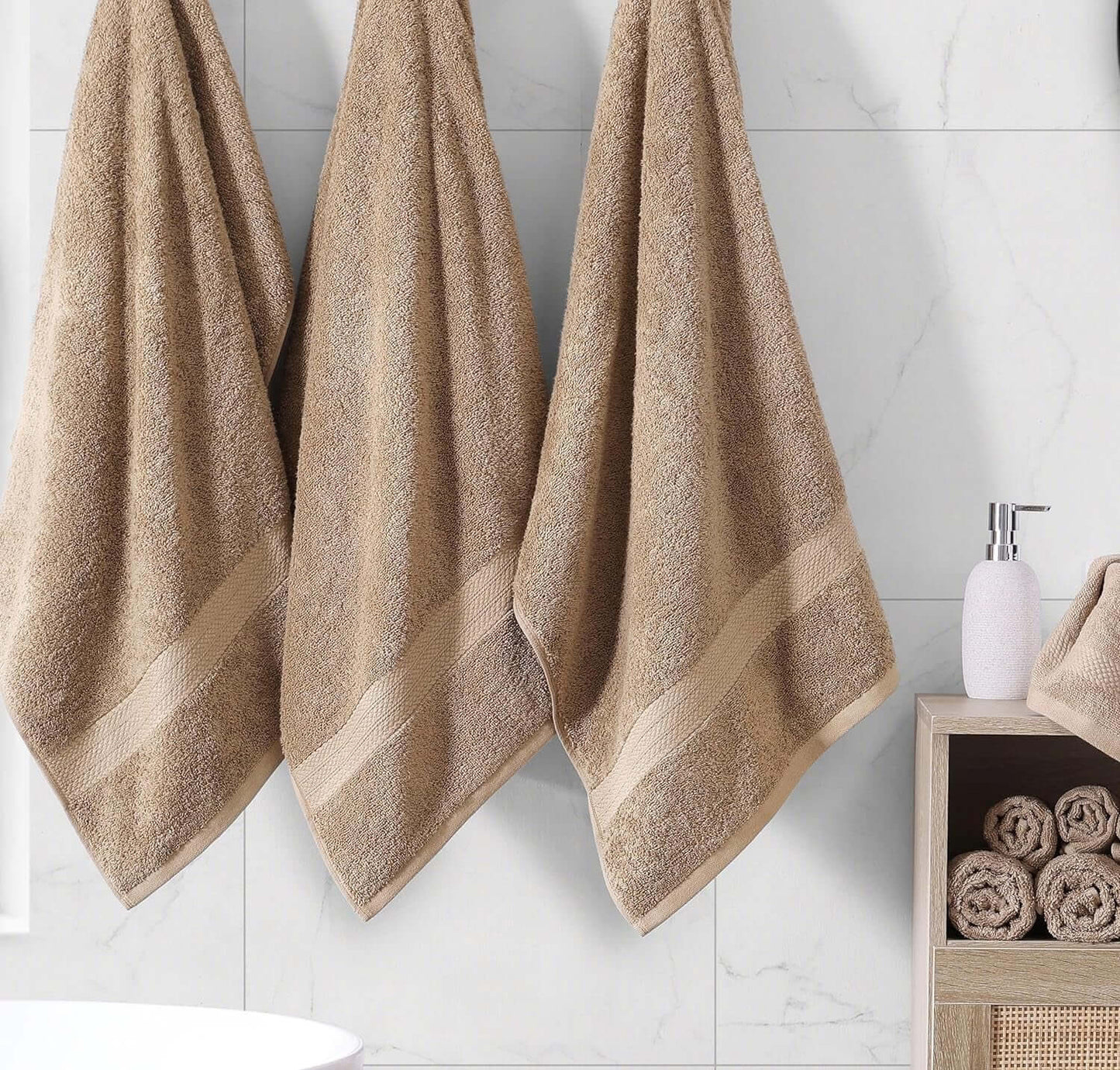 16 Piece Bath Towels - 100% Cotton Towels for Bathroom, Premium Quality, Highly Absorbent Bathroom Towel Set, Super Soft, 4 Bath Towels, 4 Hand Towels, 8 Wash Cloths - Taupe