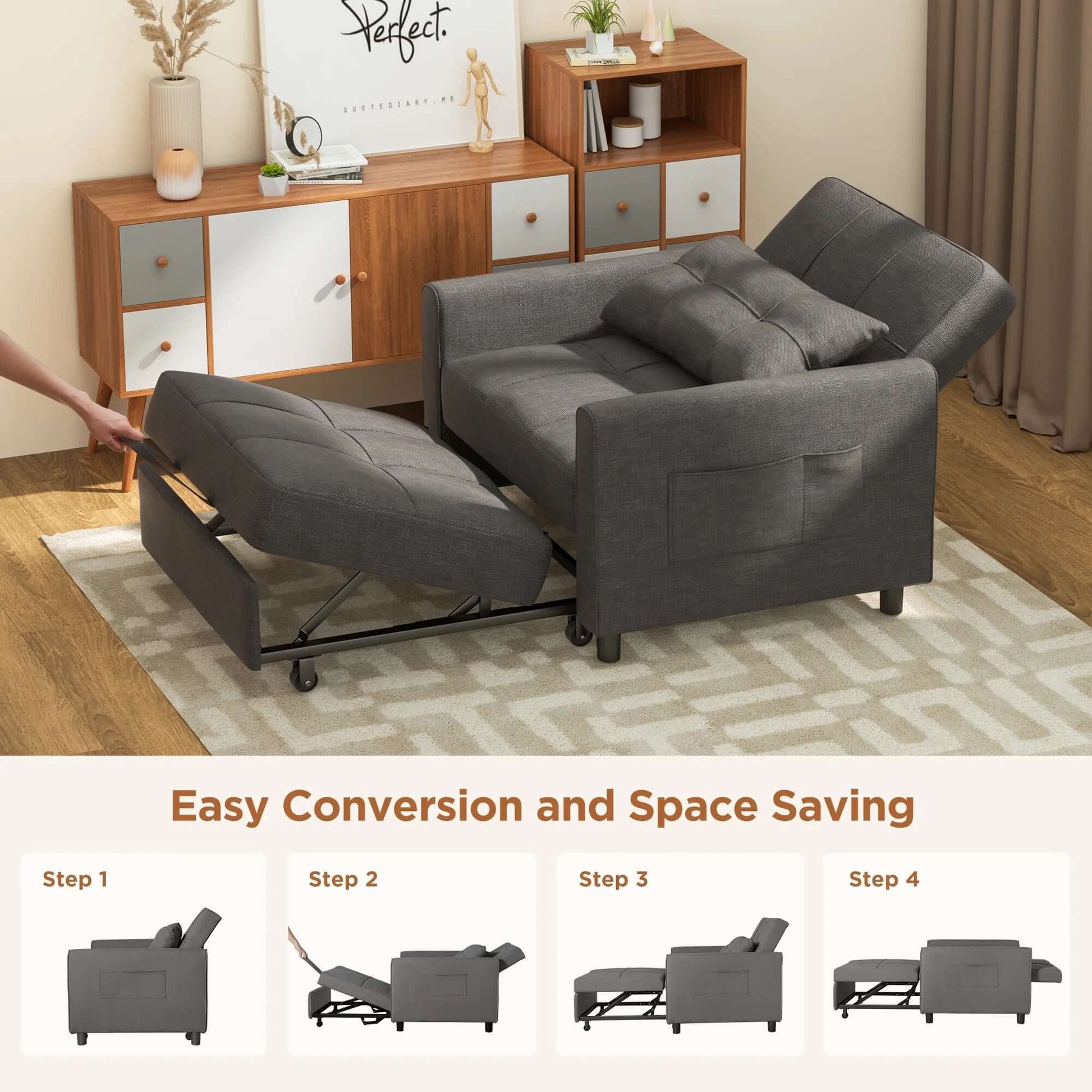 3 in 1 Convertible Sofa Bed Chair for Living Room , Sleeper Sofa Bed for Living Room , Dark Gray