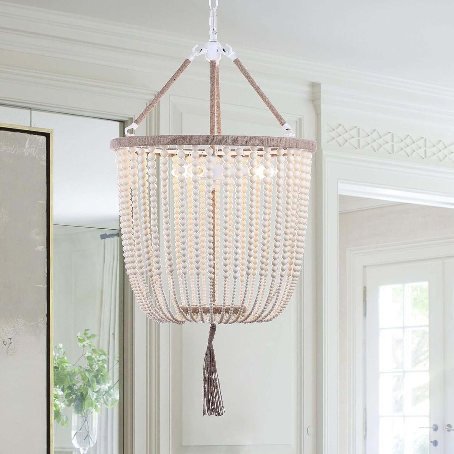 Lighting Collection Angie Boho Farmhouse Cream 18-Inch Diameter 3-Light Beaded Adjustable Hanging Pendant Light Fixture with Tassel (LED Bulbs Included)