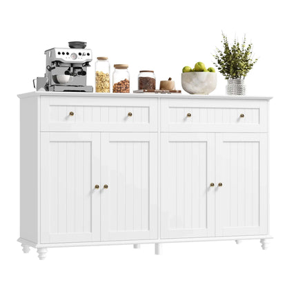 Kitchen White Buffet Cabinet with Adjustable Shelf, 4-Doors 2 Large Drawers Wood Sideboard Storage Cabinet Coffee Bar for Living Room