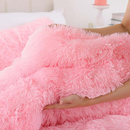 Faux Fur Pink Comforter Set Queen Size 3Pcs Fluffy Fuzzy Plush Comforter Set Cute Soft Shaggy Velvet Double-Sided Bedding Set (1 Faux Fur Comforter + 2 Faux Fur Pillowcases)