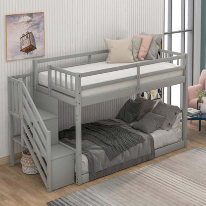 Low Bunk Beds Twin over Twin Size, Solid Wood Bunk Bed with Storage and Guardrail for Kids and Toddler