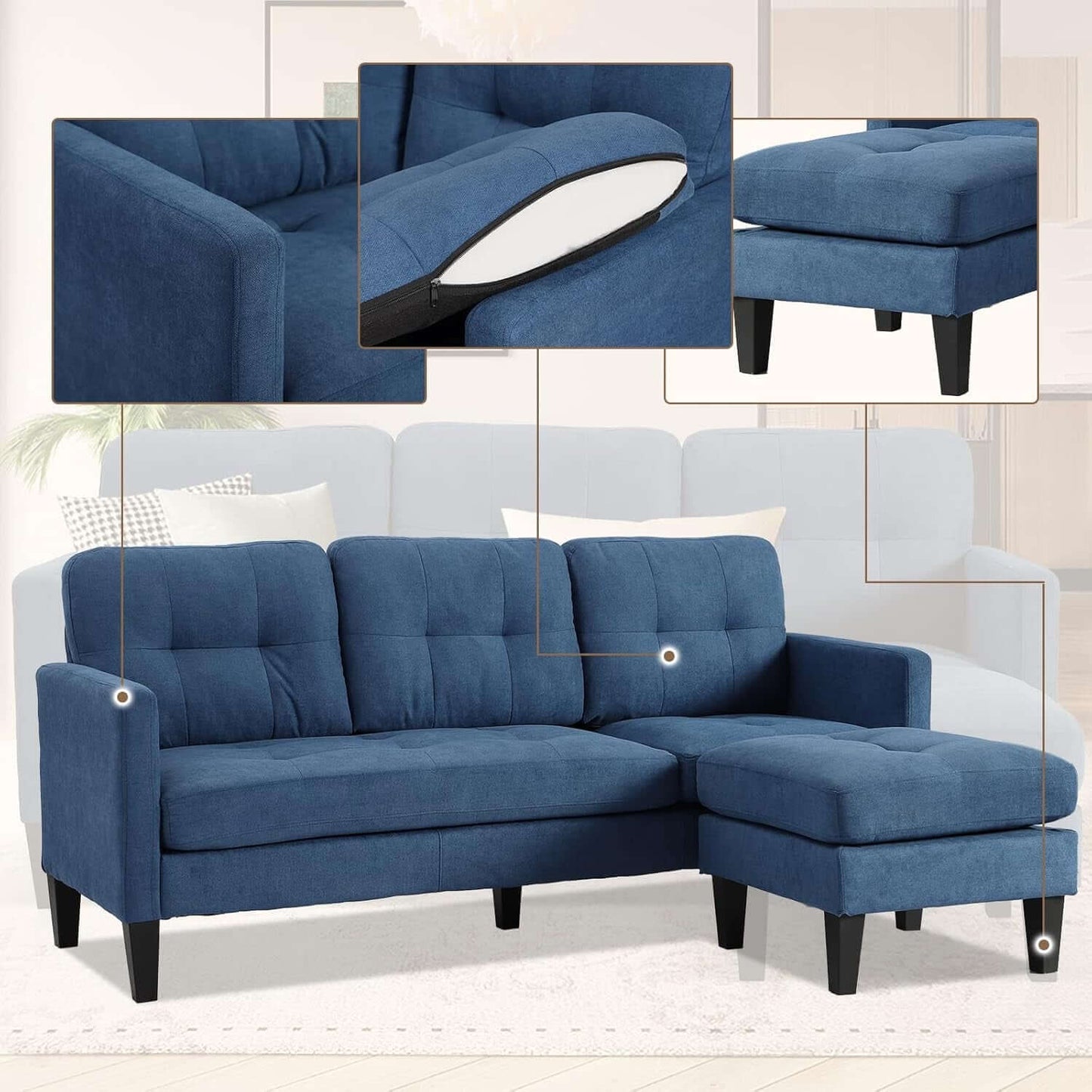 Convertible Sectional Sofa Couches for Living Room, L-Shaped Couch Modern Sofa Set with 3-Seat Couch and Reversible Chaise for Apartment and Small Space (Blue)