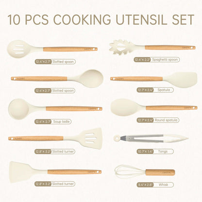 10 Pcs Silicone Cooking Utensils Set for Kitchen with Wooden Handle