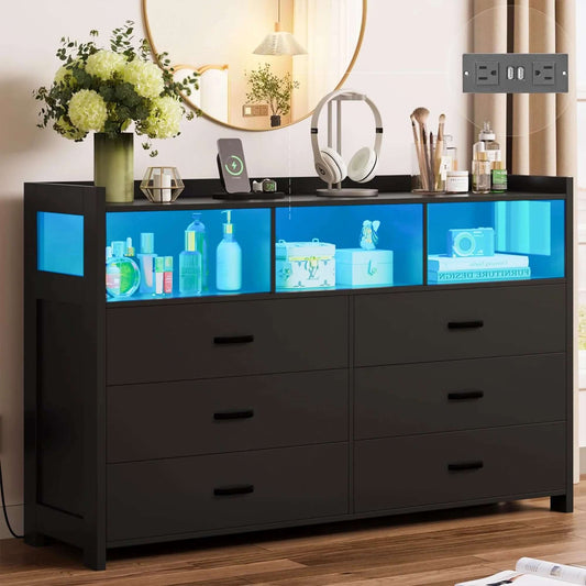 LED Dresser for Bedroom 6 Drawers, Modern Dresser Wooden with Power Outlets, Black