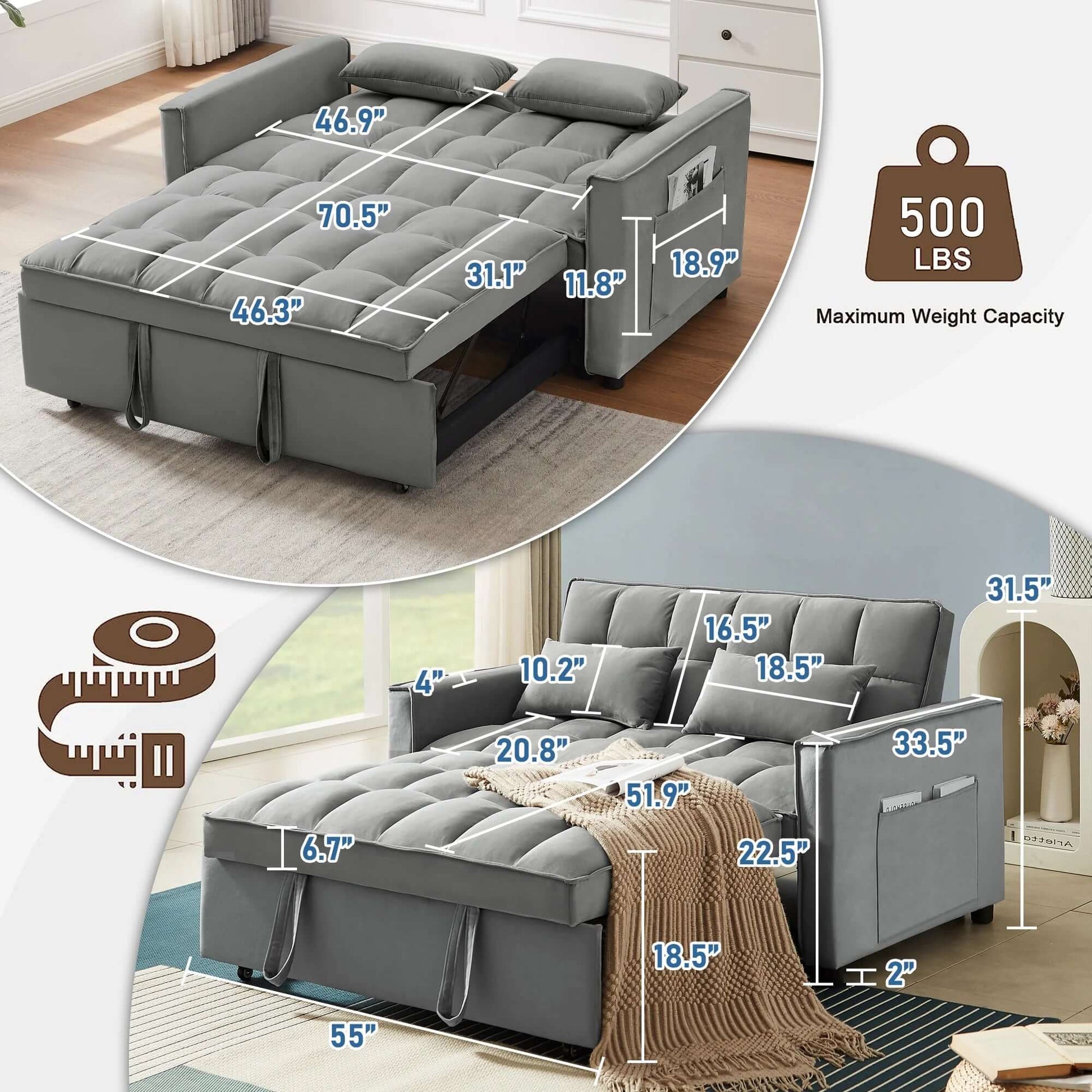 Loveseat Convertible Sleeper Sofa Bed, Gray