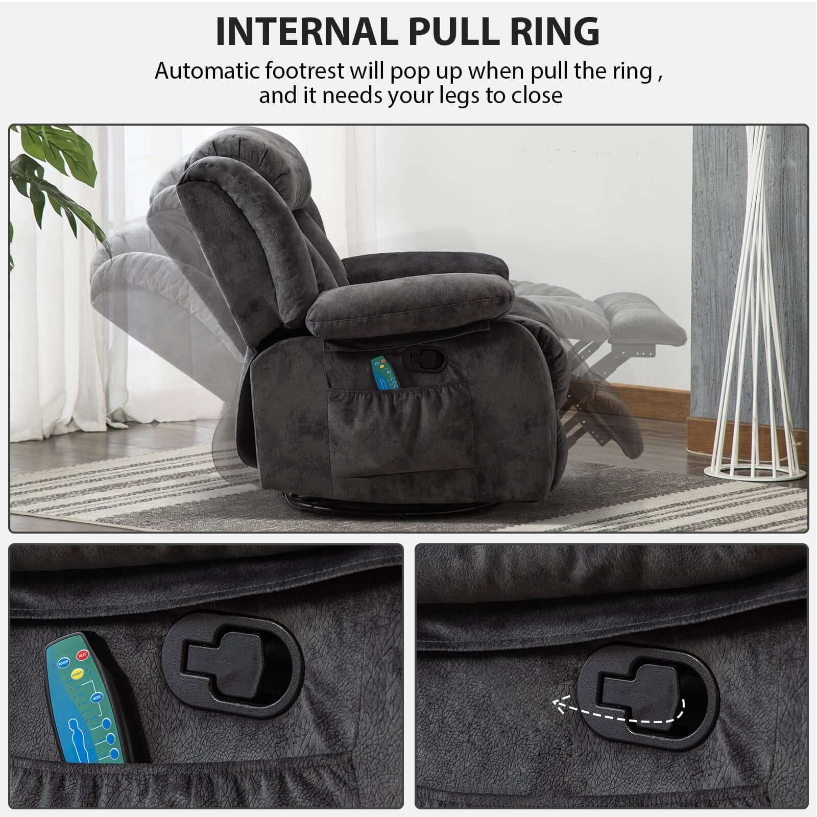 Pull Rocker Recliner with Massage and Heat, Reclining Chairs for Adult,Antiskid Fabric，Grey