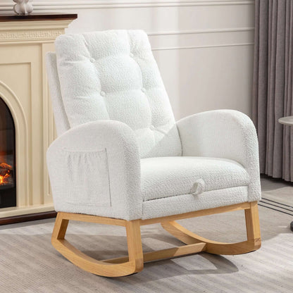 Modern Accent Rocking Chair with Pull-Out Footrest,Nursery Glider Chair with Solid Wood Legs & Side Pocket,Upholstered Lounge Chair with High Backrest,White