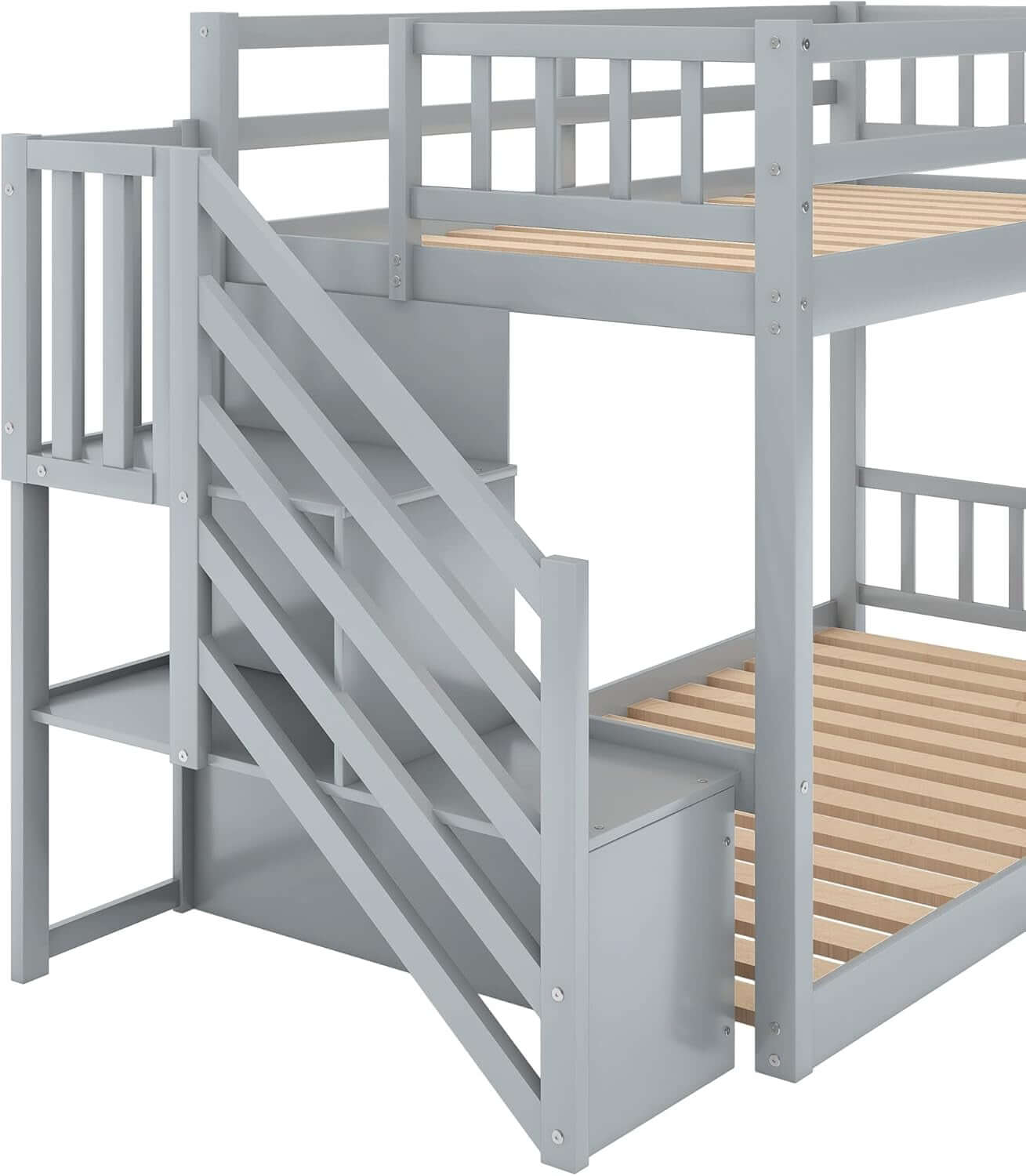 Low Bunk Beds Twin over Twin Size, Solid Wood Bunk Bed with Storage and Guardrail for Kids and Toddler