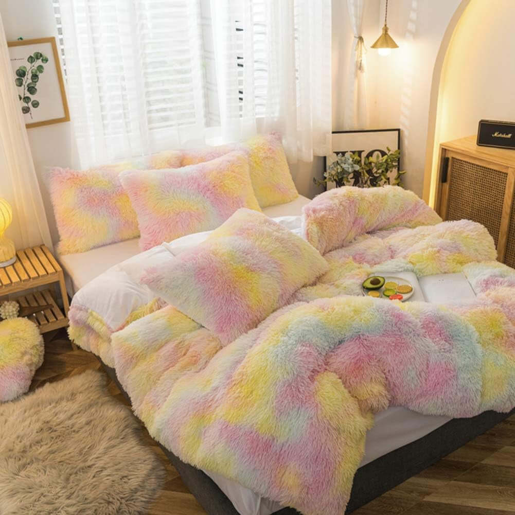 5 PCS Plush Shaggy Duvet Cover Sets, Luxury Shag Fluffy Comforter Cover Fuzzy Bedding Set - Long Faux Fur Flannel Ultra Soft Cozy (Ice Cream, Full/Queen)