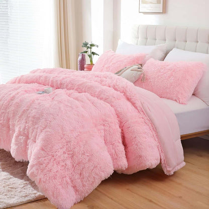 Faux Fur Pink Comforter Set Queen Size 3Pcs Fluffy Fuzzy Plush Comforter Set Cute Soft Shaggy Velvet Double-Sided Bedding Set (1 Faux Fur Comforter + 2 Faux Fur Pillowcases)