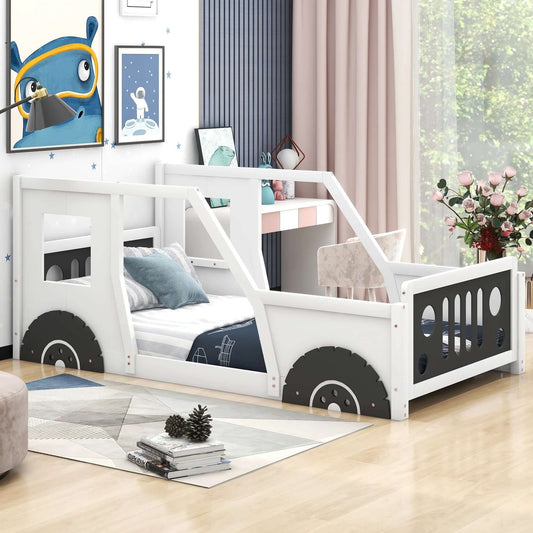 Car-Shaped Twin Size Platform Bed for Kids’ Bedroom, Solid Car Bed for Gift,Low Profile,White