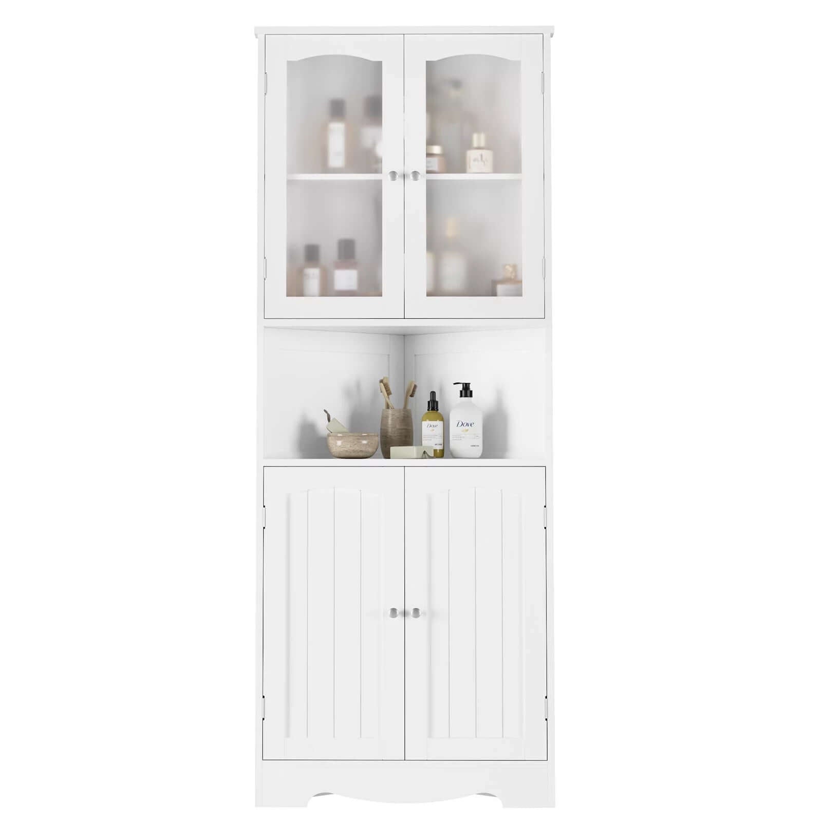 Corner Storage Cabinet, Wooden 4 Doors Linen Cabinet Cupboard for Bathroom, White