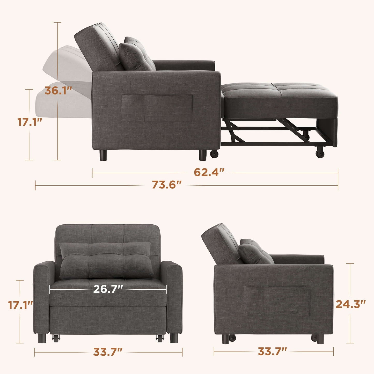 3 in 1 Convertible Sofa Bed Chair for Living Room , Sleeper Sofa Bed for Living Room , Dark Gray