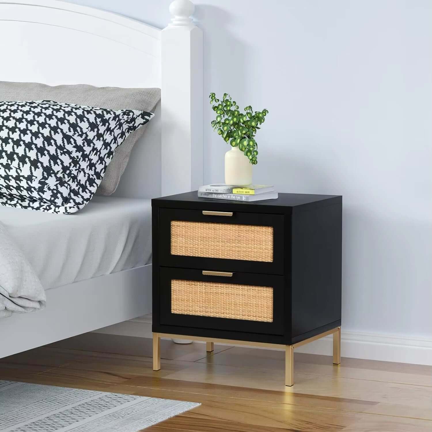 Rattan Nightstand,21.5" H Farmhouse Bedside Table with 2 Spacious Drawers Sofa Side Table 2 Drawer Nightstand for Bedroo