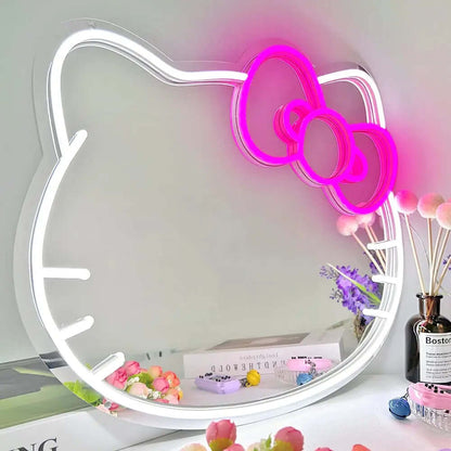 Hello Kitty Mirror Neon Sign for Wall Decor Cute Mirror Neon Sign for Bedroom Living Room Game Room Gifts for Girls Girlfriend