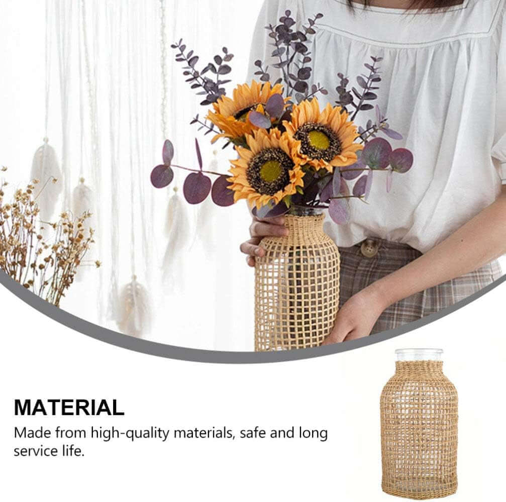 Boho Glass Flower Vase with Rattan Cover, Farmhouse Flower Bud Vase, round Decorative Flower Vase Floral Container Flower Bottle for Floral Arrangements Housewarming Party Home Decor（S）