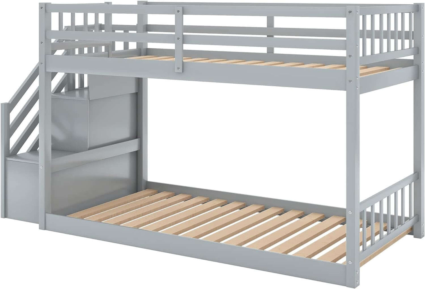 Low Bunk Beds Twin over Twin Size, Solid Wood Bunk Bed with Storage and Guardrail for Kids and Toddler