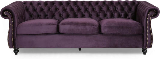 Tufted Jewel Toned Velvet Sofa with Scroll Arms, Blackberry