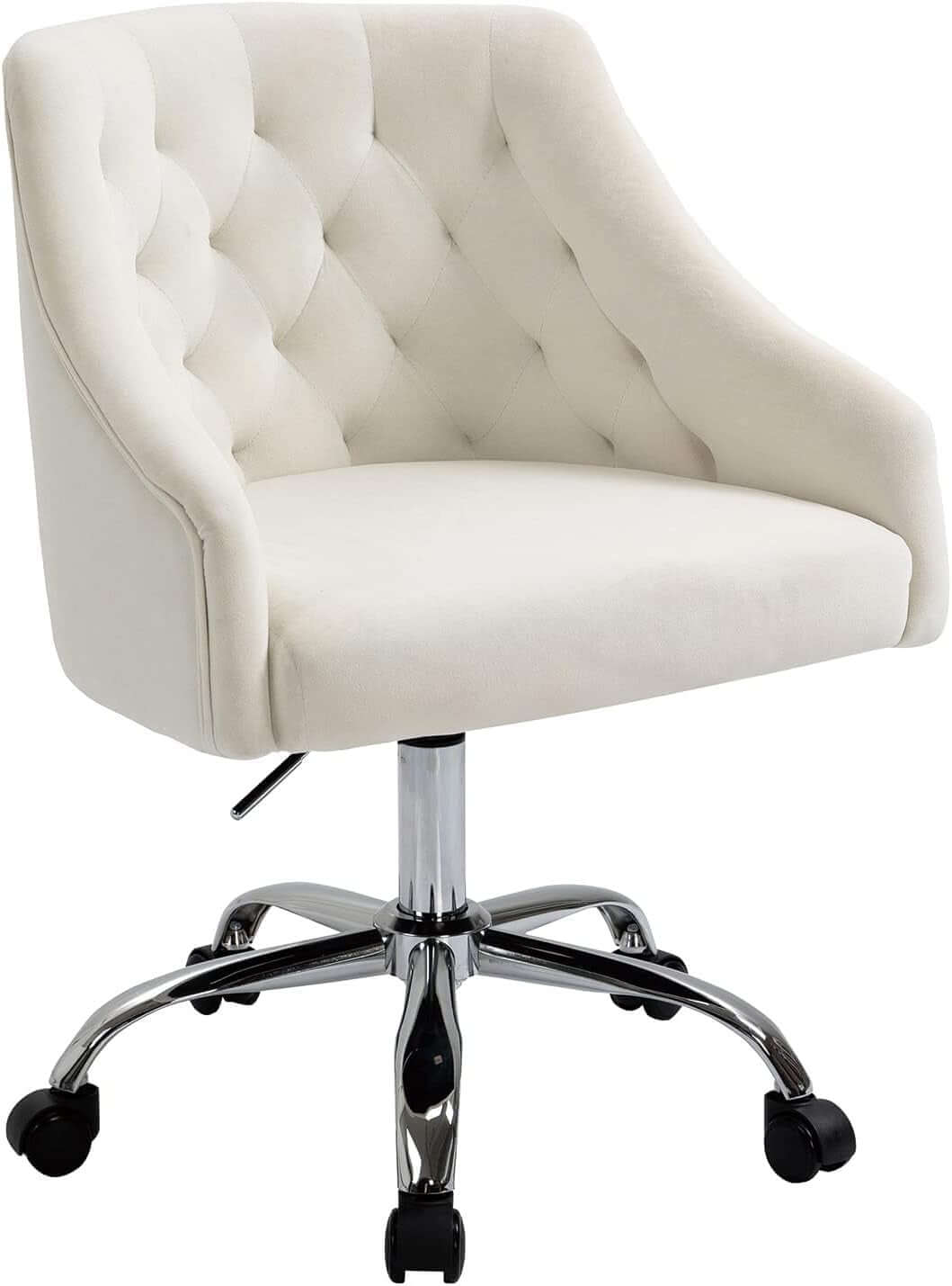 Home Office Desk Chair Modern Velvet Office Computer Chair Height Adjustable Mid-Back Task Chair (White)