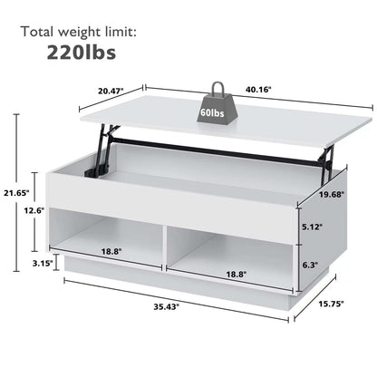 Lift Top Coffee Table with Hidden Compartment High Gloss White Coffee Tables LED Center Rising Cocktail Table for Living Room Accent Furniture